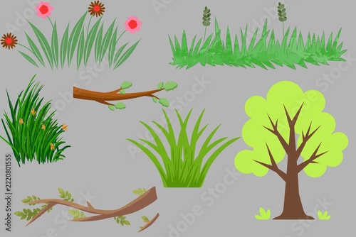 Green Grass, Wildflowers, Tree and Fallen Branches Clipart Collection, Nature Landscape Elements for Garden and Outdoor Design