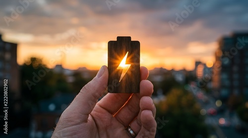 Hand holding a wooden battery icon with a glowing lightning bolt cutout against a sunset urban background