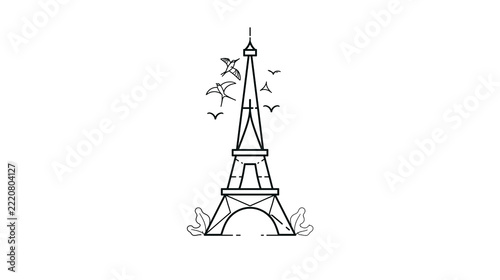 Minimalist Eiffel Tower line art with flying birds and decorative foliage