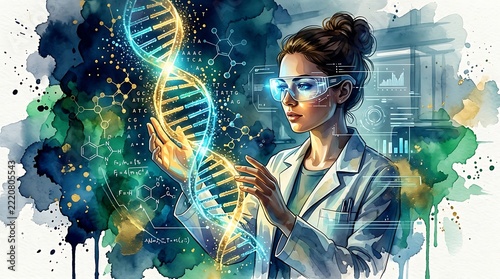 A visionary scientist in a modern laboratory meticulously analyzes a luminous DNA helix, representing groundbreaking genetic research and the future of biotechnology
