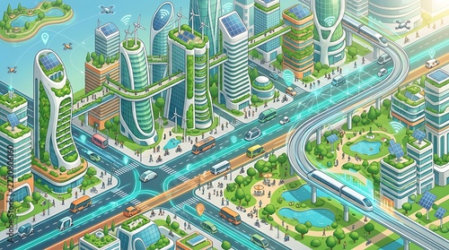 Futuristic smart city isometric, showcasing sustainable green architecture, advanced public transport, and eco-friendly urban planning for modern living