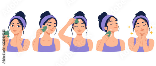 Woman demonstrating facial massage with a green tool