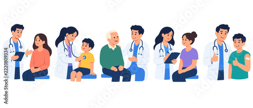 Doctors consulting patients in five healthcare scenes