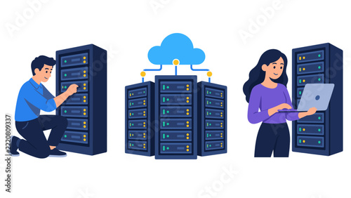 People managing cloud-connected server racks