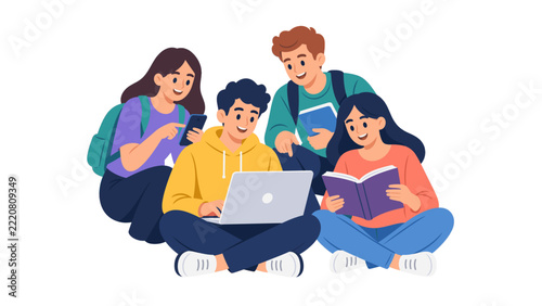 Young people studying together with books and a laptop