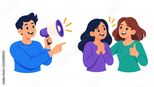 Smiling people with megaphone and thumbs up gesture
