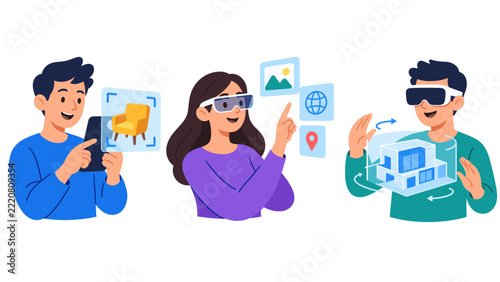 People interact with digital interfaces using smart glasses and VR
