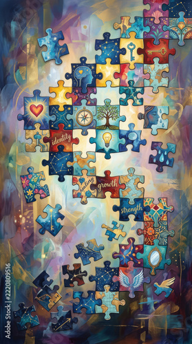 A vibrant puzzle collage of illustrated jigsaw pieces showing symbols of identity, growth, healing and strength. Colorful map fragments, heart, brain, compass and tree evoke self discovery, 