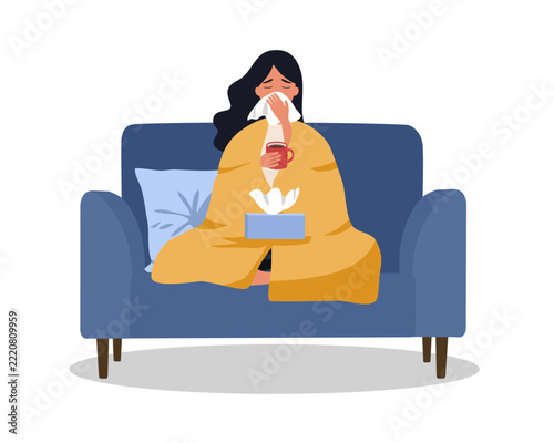 Sick woman with flu covered with warm blanket sitting on sofa , holding cup with hot tea in hand and taking temperature orally. Flat cartoon modern trendy style.Vector illustration character icon