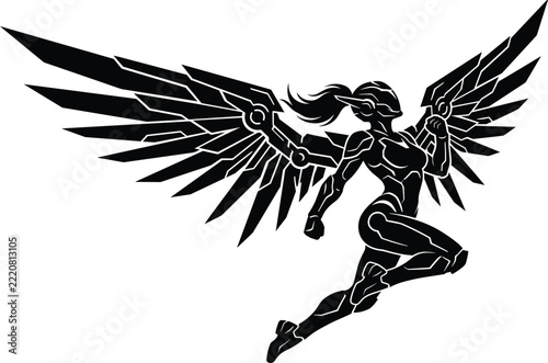 Black silhouette vector illustration of a futuristic cyborg woman flying with mechanical wings