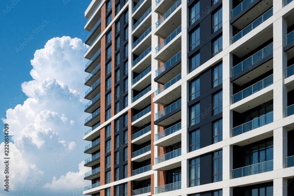 Fototapeta premium Modern high rise apartment building with many balconies, large glass windows. Contemporary residential skyscraper stands against blue sky with massive white clouds. Luxury urban housing architecture