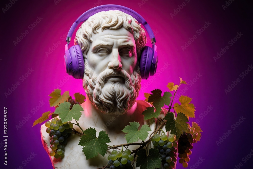 Naklejka premium Classical marble bust wears modern purple headphones. Antique white statue decorated with green grapevine, fresh grapes. Creative fusion of ancient greek art, contemporary audio tech. Surreal pop art