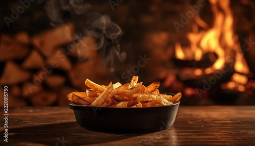 Hot Fries by the Fire: A steaming bowl of golden-brown french fries sits on a rustic wooden table, with a warm, crackling fireplace in the background, creating an inviting and cozy atmosphere.