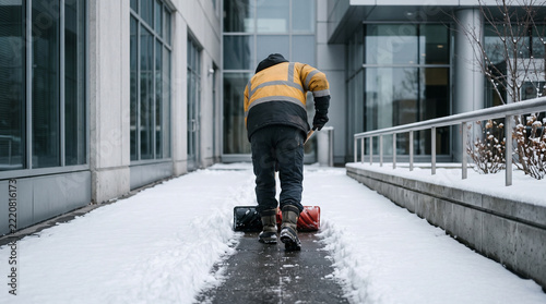 Maintenance worker clearing snowy walkway outside office building