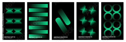 Emerald Green Gradient Poster Set, Modern Abstract Geometric Vector Cover Templates with Glowing Spheres, Stripes, and Circles