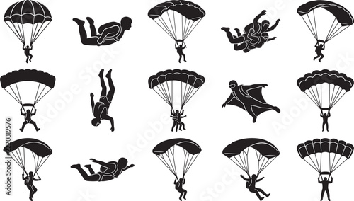 Skydiving and Parachute Sports Silhouette Icon Set