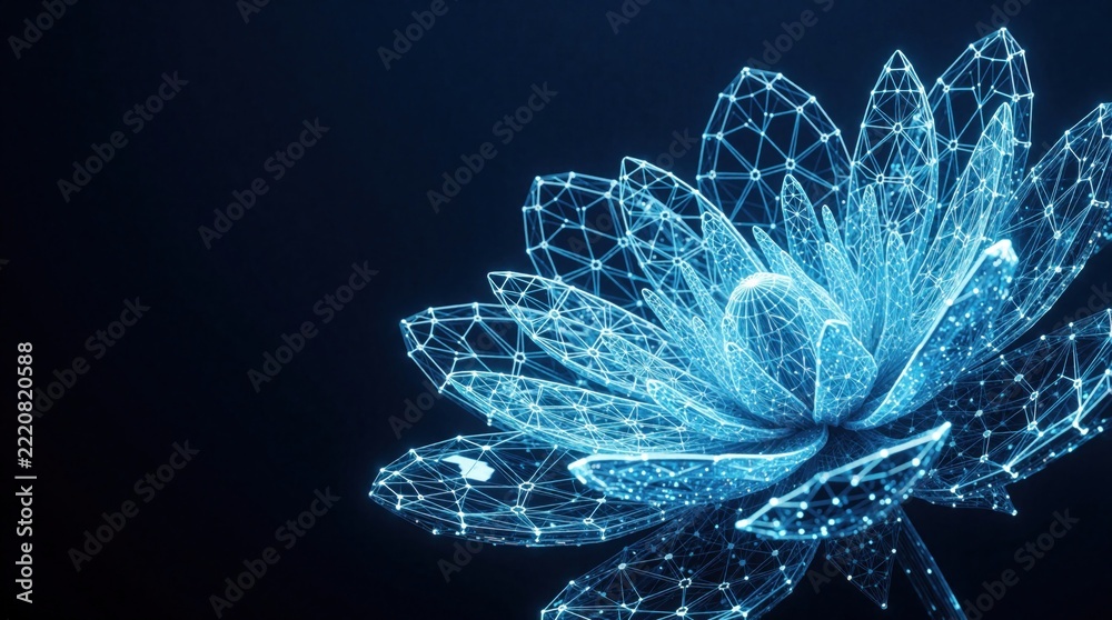 Fototapeta premium Futuristic glowing blue lotus flower with neon geometric patterns. Digital wireframe structure made of light connections, dots on dark background. Abstract cyber tech flower concept for sci-fi art,