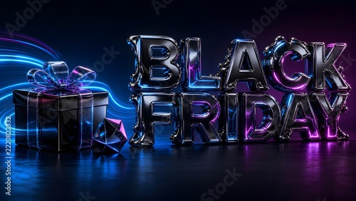 Black Friday metallic 3D text banner with wrapped gift box and neon light trails