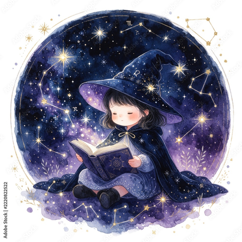 Fototapeta premium Little girl in wizard hat reads magic book under starry night sky. Young witch explores cosmos with glowing constellations, mystical starlight. Fantasy child dreams in space universe with cosmic