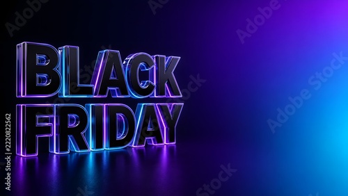 Black Friday 3D glossy metallic text banner with purple neon lighting