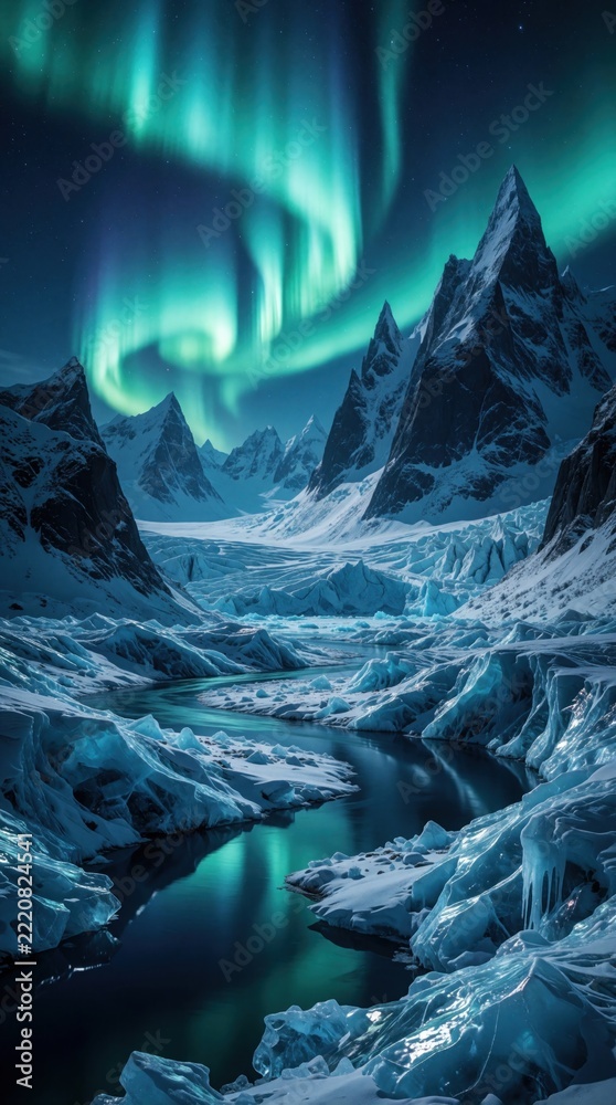 Fototapeta premium Magical aurora borealis glows over snowy mountain peaks. Green northern lights dance in dark night sky above frozen river, icy glacier landscape. Cold winter wonderland view with blue ice formations,
