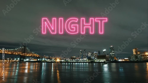 Pink neon night sign over new york city skyline