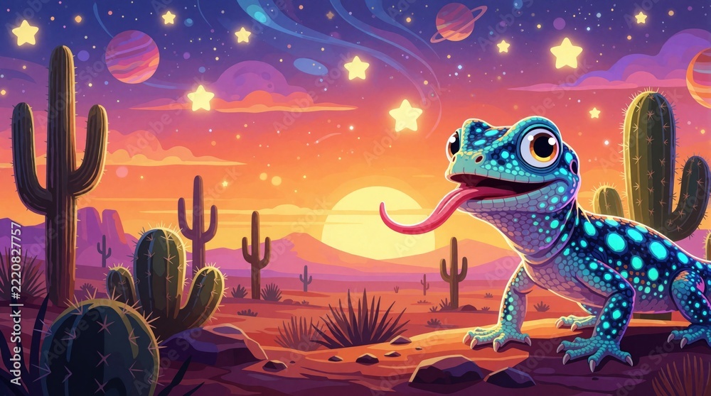 Fototapeta premium Cute cartoon lizard with blue skin, spots sticks long tongue out in desert. Whimsical reptile crawls near green cactus under starry night sky. Colorful fantasy landscape shows sunset, planets, bright
