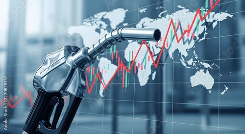 Global oil prices rising with a fuel pump and a stock market graph overlay for the concept of economic and energy market fluctuations.