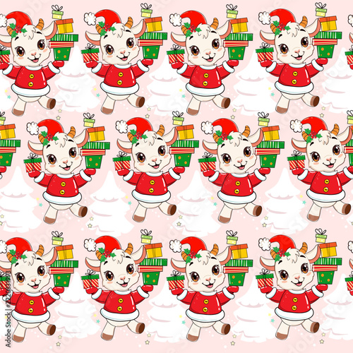 Cute new year goat with presents seamless pattern background. Chinese symbol. Vector cartoon illustration zodiac animals