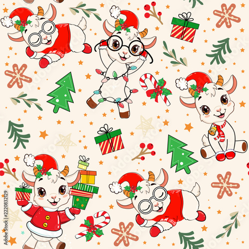 Seamless background with cute New Year goats and Christmas items. Chinese symbol of 2027