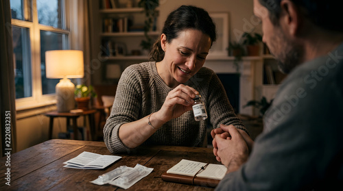 A caring woman shows a medicine vial to her partner while preparing for a treatment at home in the evening.