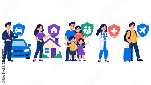 People with shields represent car home health and travel insurance