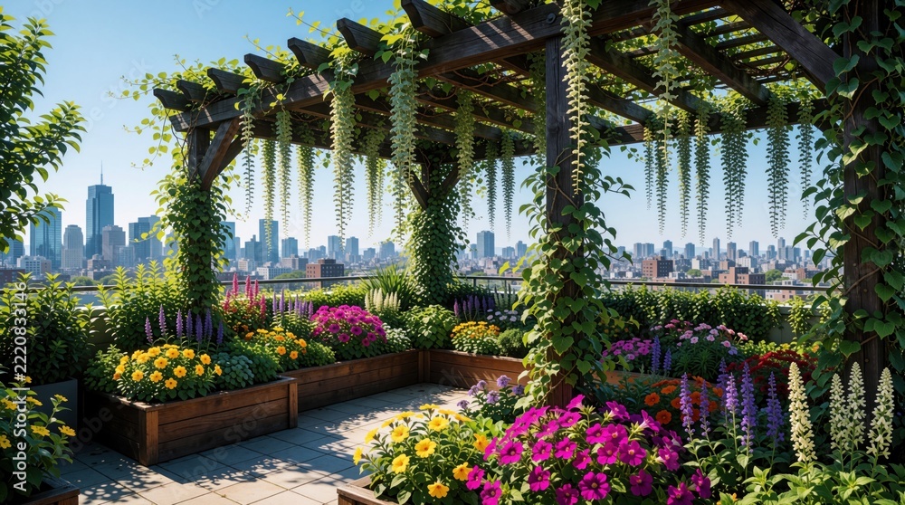 Fototapeta premium Rich rooftop garden features wooden pergola with hanging vines. Colorful flowers bloom in wooden planters on sunny terrace. Urban skyline view shows city skyscrapers behind beautiful green plants.