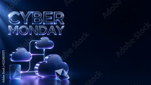 Cyber Monday cloud technology 3D concept background with neon lighting