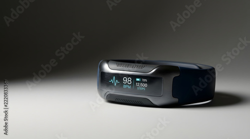 Modern digital fitness tracker displaying heart rate and daily steps on a sleek metallic interface for health monitoring.