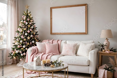 christmas wall art mockup with pink holiday decor