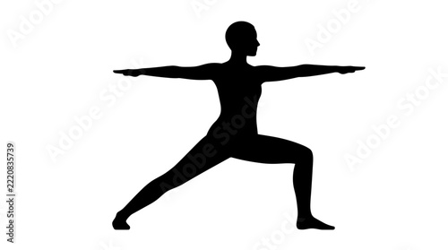 Silhouette of a woman in Warrior II yoga pose 1.
