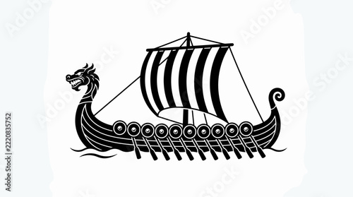 Viking Ship Illustration Black and White.