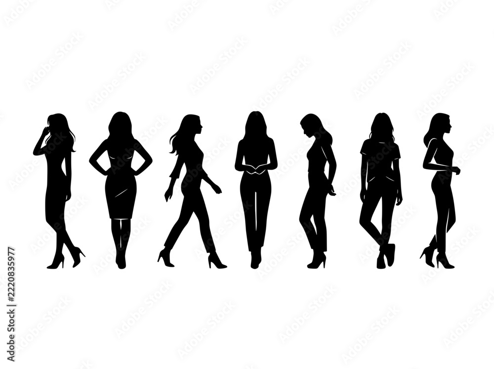 Obraz premium Fashion woman silhouettes set, elegant female models in various poses, black vector outlines of stylish women for graphic design and advertising