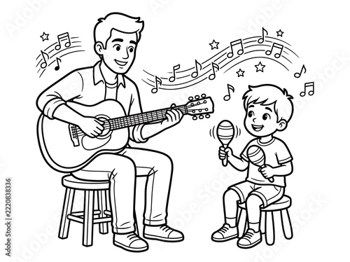 Man teaching child to play guitar and maracas