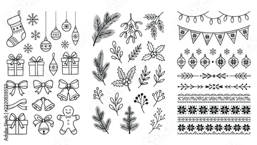 Christmas hand drawn festive holiday celebration design elements set.