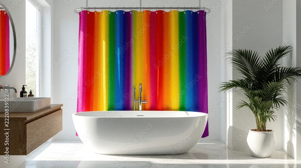 Naklejka premium Modern bathroom interior with white freestanding bathtub, rainbow shower curtain. Wooden vanity sink with mirror stands near window. Green palm plant in white pot adds nature to bright minimalist
