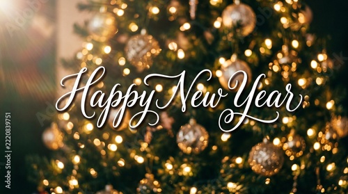 Happy New Year lettering over festive Christmas tree background. Golden holiday lights and ornaments greeting card design