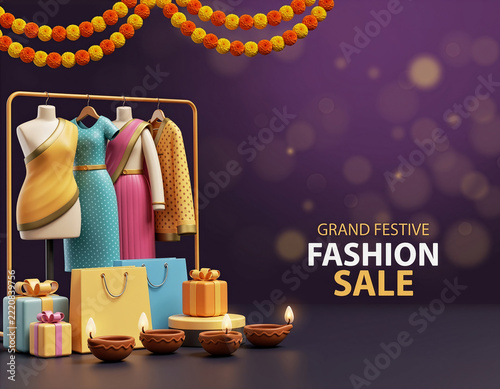 Grand Festive Fashion Sale Banner With Traditional Diwali Decorations and Clothing Display