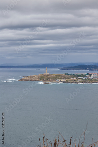 Tower of Hercules lighthouse on rocky peninsula in A Coruna Galicia Spain.