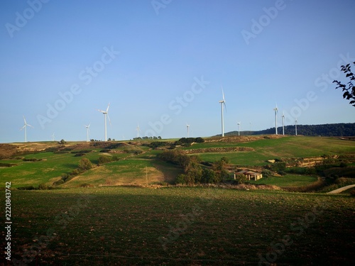 Obraz na plátně Wind turbines farm generating clean energy on green rural hills