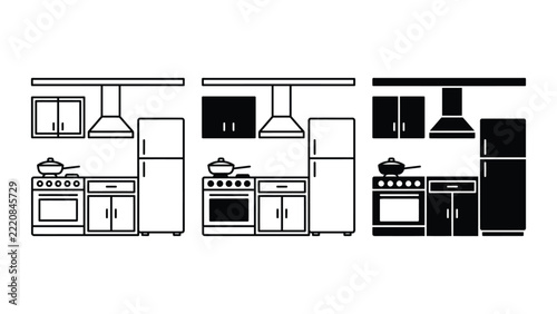 Modern kitchen cabinet and appliance silhouette set featuring refrigerator, oven, stove, sink, range hood and wall cabinets in three styles