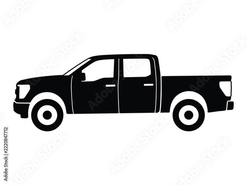 Black Crew Cab Pickup Truck Silhouette Side View Vector Graphic