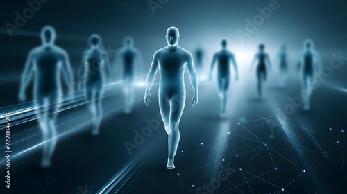 Sophisticated corporate HR technology background with luminous employee silhouettes, flowing data streams, recruitment analytics, workforce intelligence and interconnected neural network, deep blue