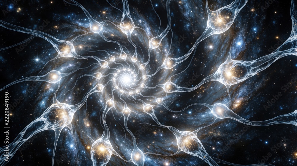 Fototapeta premium Abstract spiral galaxy with glowing neural network connections. Cosmic energy flow forms swirling pattern in deep space. Digital art shows cosmic web brain neurons connecting stars. Sci fi background